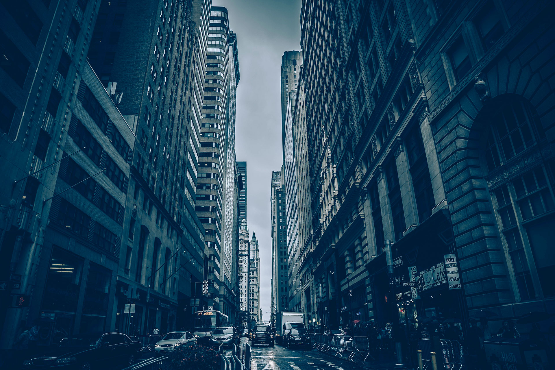 Downtown street with towering skyscrapers